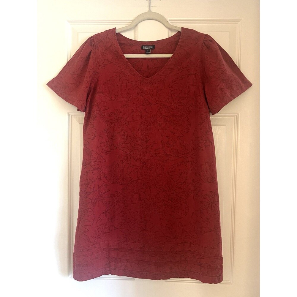 Nicole Miller Original Linen Blend Red Leaf Print V-Neck Shift Dress Medium M